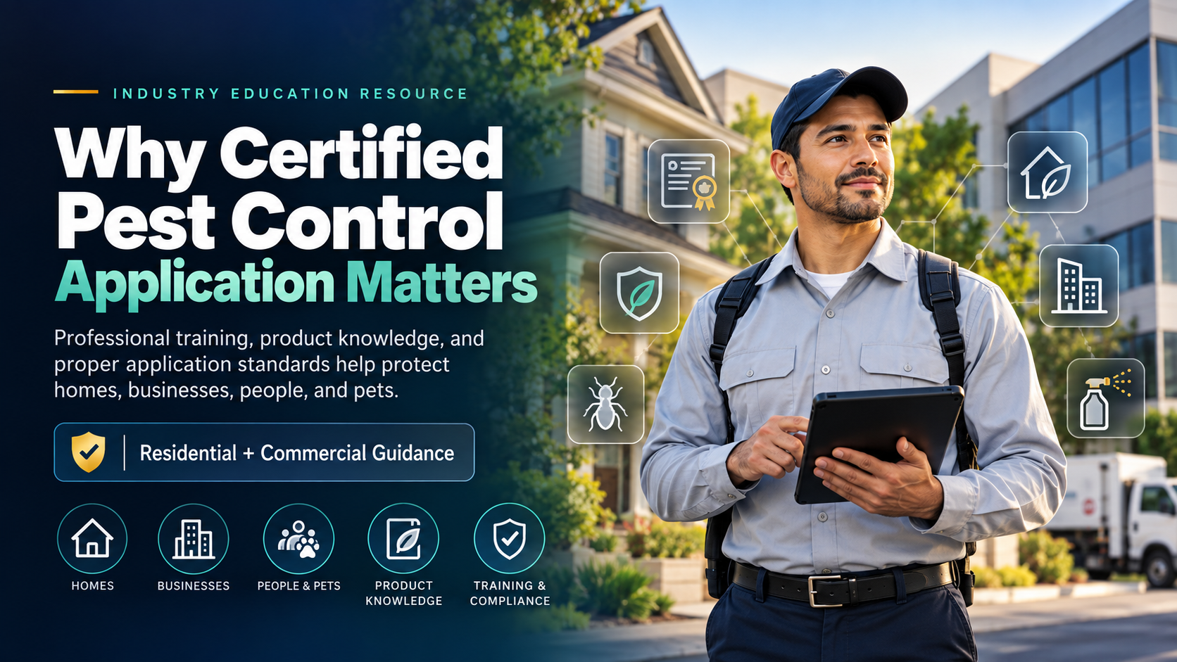 Certified pest control technician with residential and commercial settings highlighting training, product knowledge, safety, and compliance.